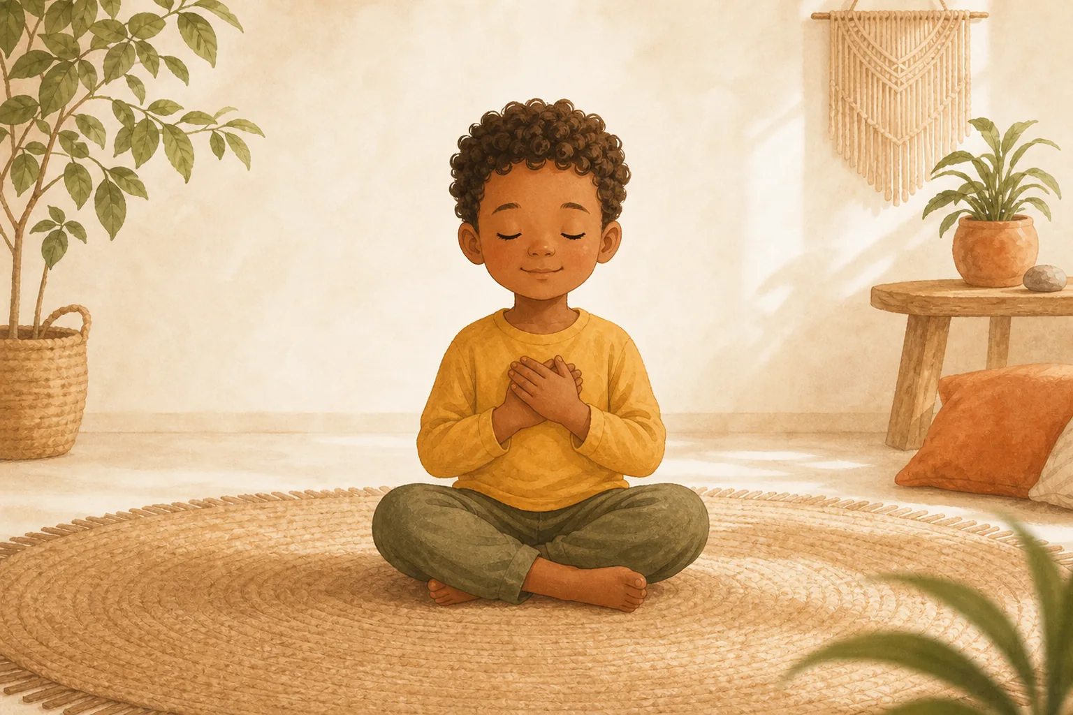 Niño practicando un mantra con calma y respiración