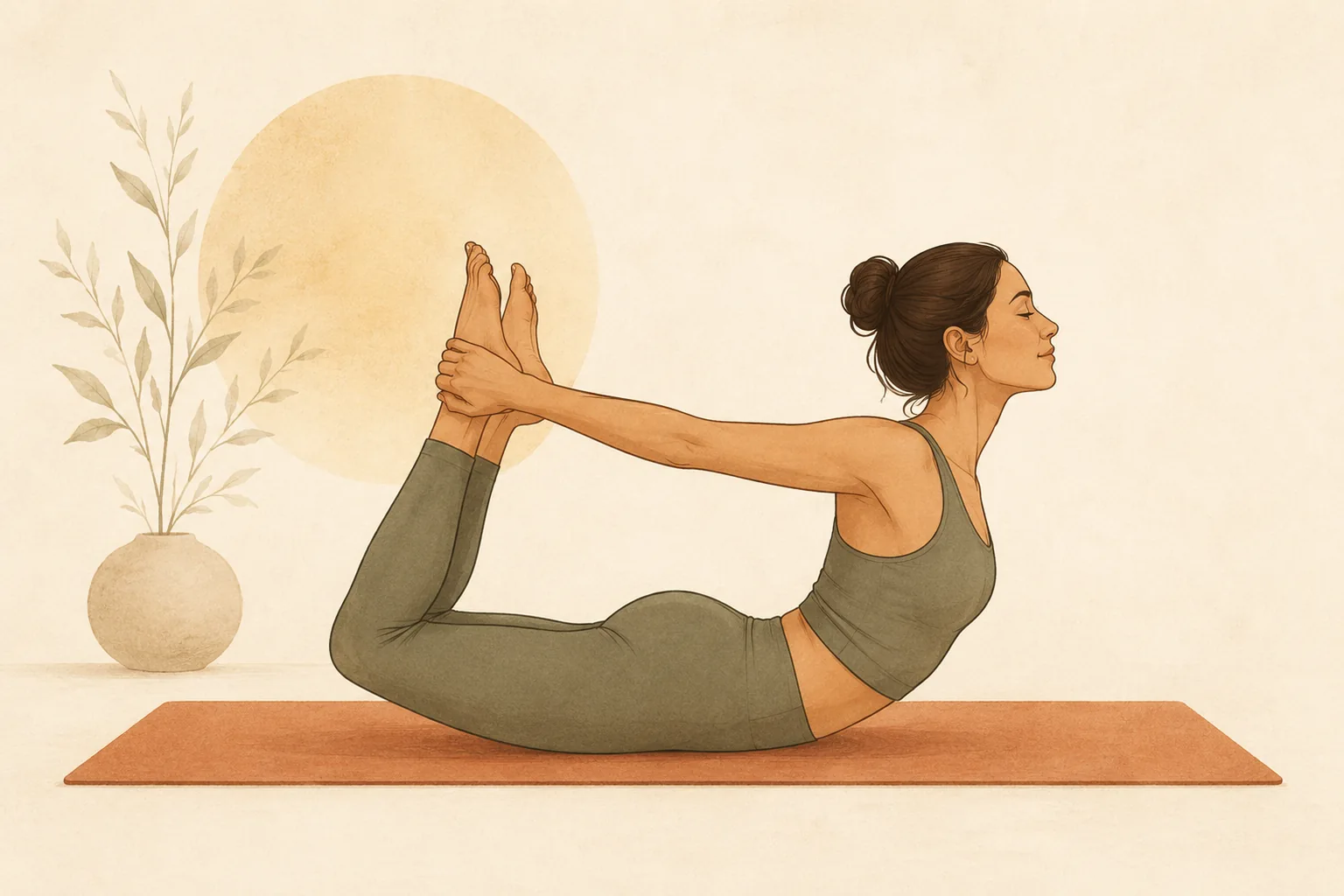 Postura del arco (Dhanurasana), una flexión hacia atrás del yoga